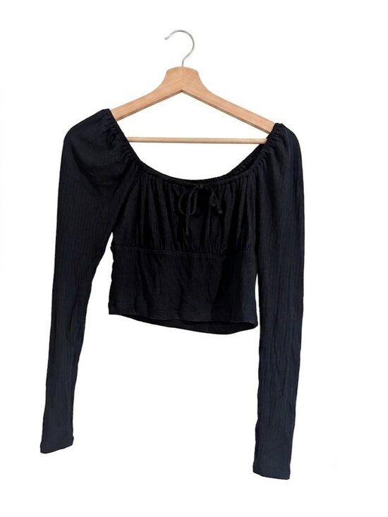 Madewell Tops - Madewell Ribbed Cropped Long Sleeve Top Black Off Shoulder Tie Front Size S